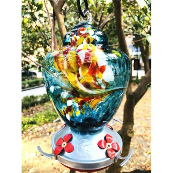 Hummingbird Feeder with Perch - Hand Blown Glass - Blue - 38 Fluid Ounces - Picture 3 of 7